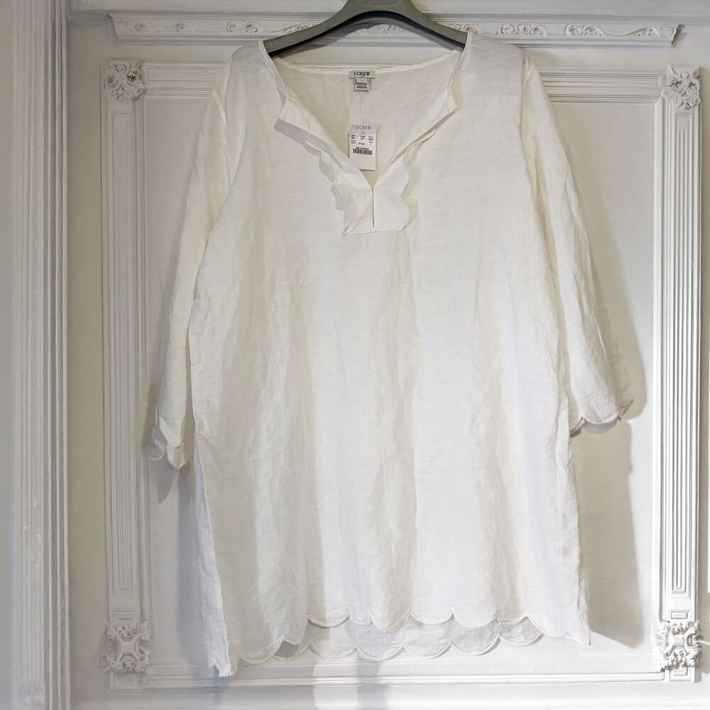 J.CREW NWT Linen Cotton Scallop Hem Tunic Top in White Size L